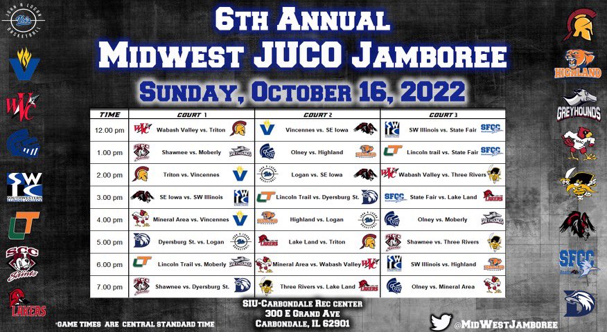 It's finally here, today is the day for the Midwest JUCO Jamboree at the SIU Rec Center that starts at Noon. 

$8 admisson fee, 24 games
Children under 8 yrs old is free

⚠️: 4-Year Coaches If you need any info on our Pre-Pay service for the Coaches Packets, feel free to DM us!