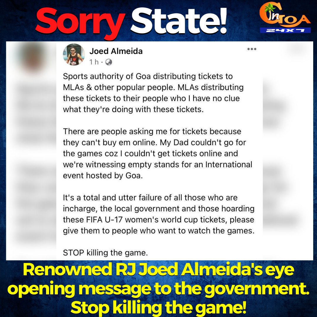 InGoa24x7's tweet photo. #SorryState | Renowned RJ @Joed_Almeida 's eye opening message to the government. Stop killing the game!
#goa #goanews #RJ #message #game #FIFA #FIFAWorldCup https://t.co/CN2UqYu8il