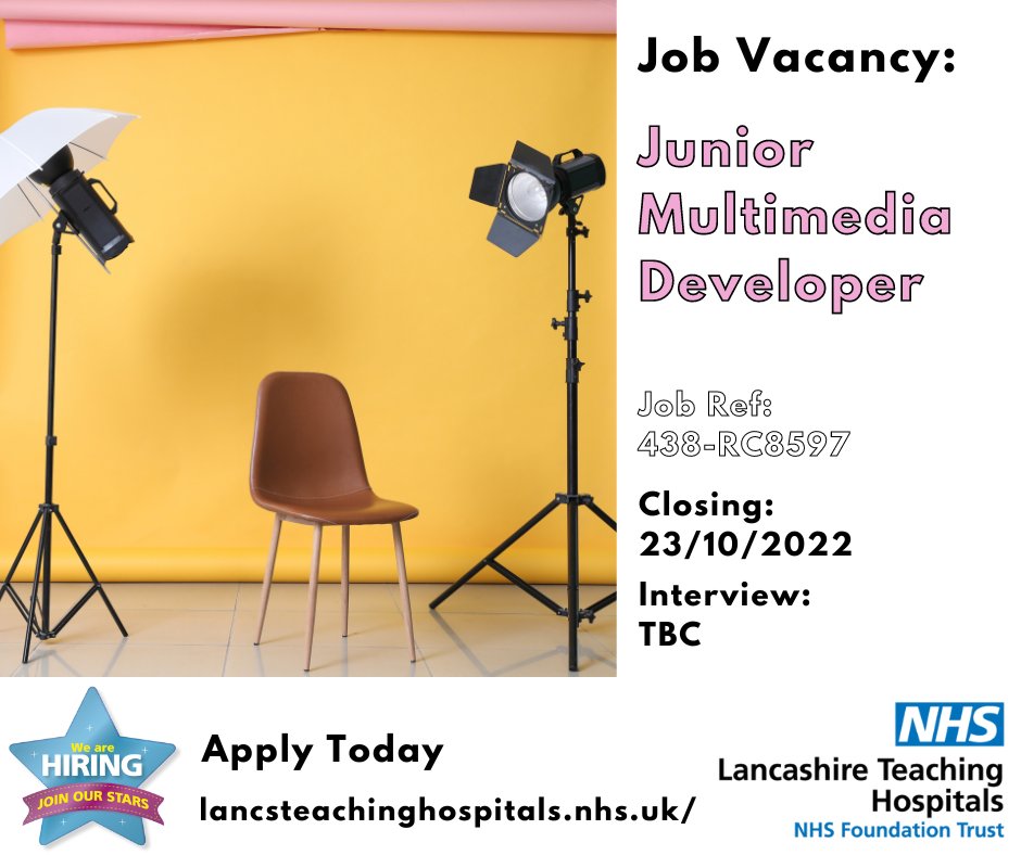 LancsHospJobs's tweet photo. Job Vacancy: Junior Multimedia Developer

⏰ Closes: 23/10/2022

Read more and apply: https://t.co/NidR76HX8e

#NHS #NHSJobs #Lancashire #JuniorMultimediaDeveloper #MultimediaDeveloper #LancashireJobs https://t.co/NfGF8uR0al