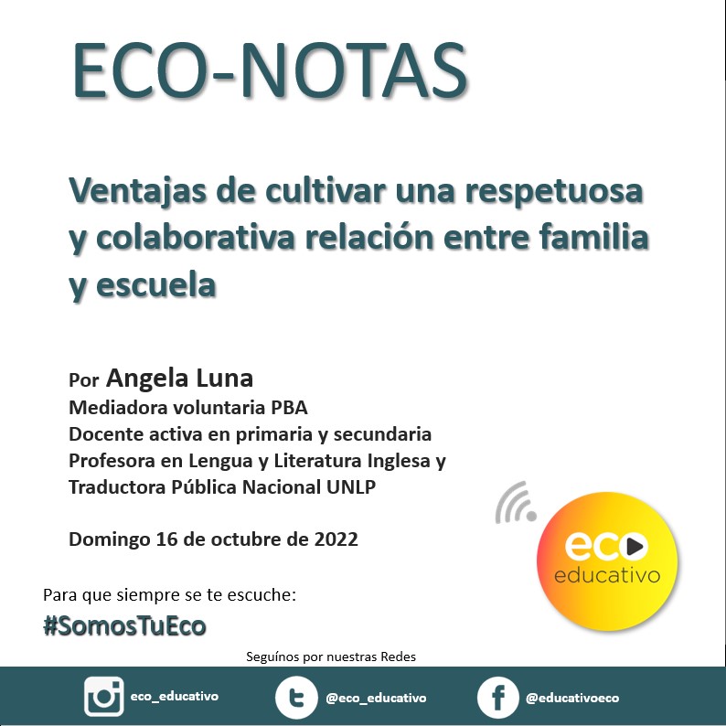 eco_educativo's tweet photo. Con motivo de celebrarse el #Díadelafamilia, mi #Econota de esta semana se propone socializar una breve síntesis que destaca los efectos positivos de la relación familia-escuela y sus desafíos actuales. Prof. Angela Luna
https://t.co/FYaLhoCAFO
@lgoro @alefinocchiaro #SomosTuEco https://t.co/lzsTnt3itz