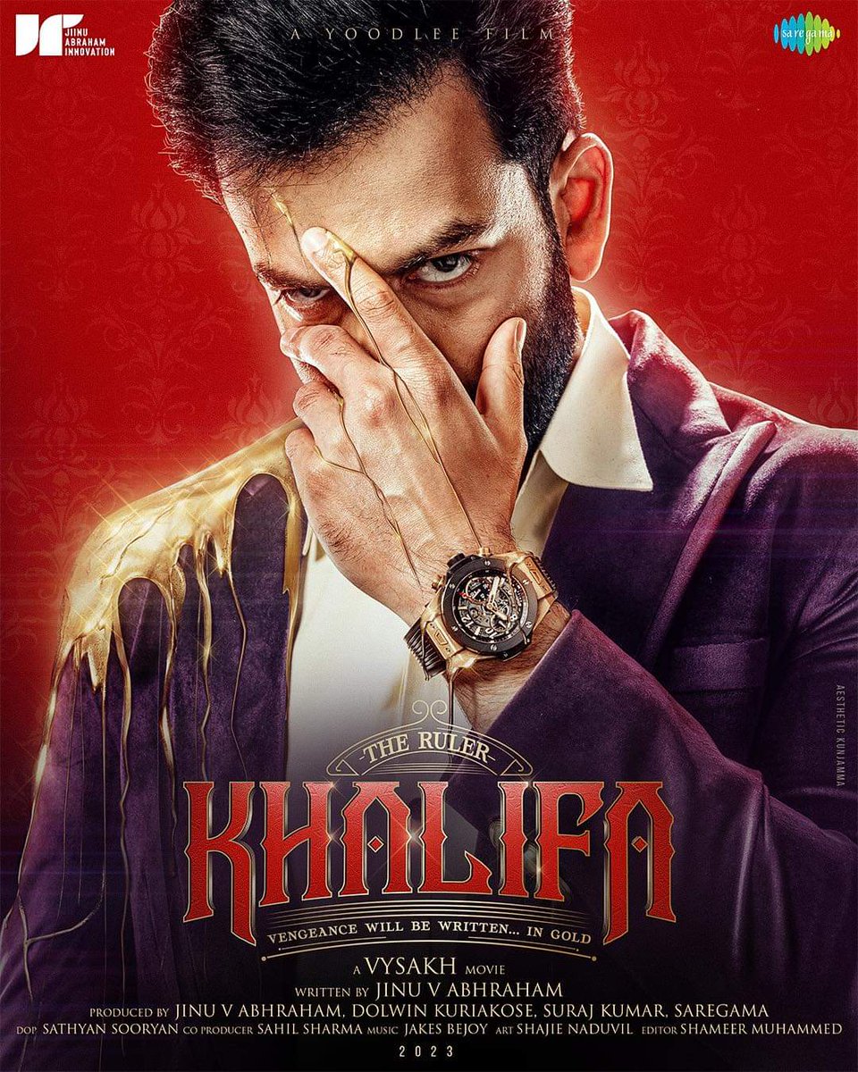 Vengeance will be written in GOLD!  

Announcing #KHALIFA!

Directed by Vysakh

Khalifa Movie #JinuVAbhraham Dolwin Kuriakose Saregama Yoodlee Films Saregama Malayalam #SahilSharma Sathyan Sooryan Shameer Muhammed Jakes Bejoy Shajie Naduvil Poffactio