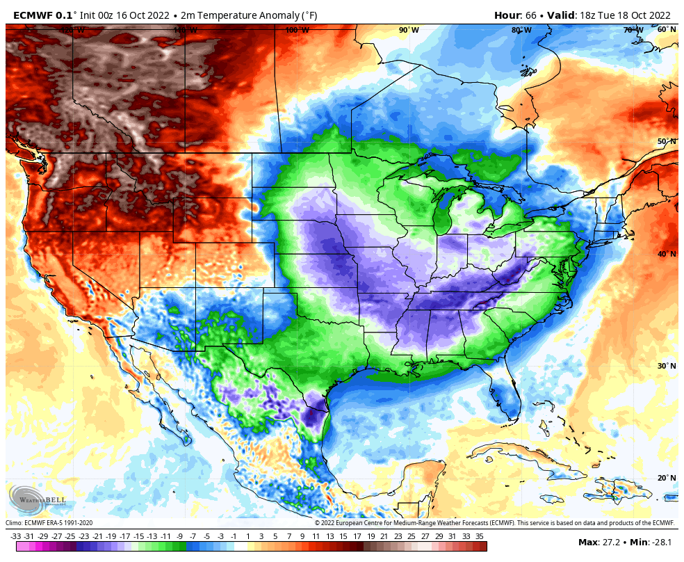 spann's tweet photo. The coldest air so far this season blows into the eastern half of the U.S. by Tuesday; many communities across the Deep South will see their first frost of the season, some places go below freezing by Tuesday and Wednesday morning. https://t.co/mawIk6Pkwv