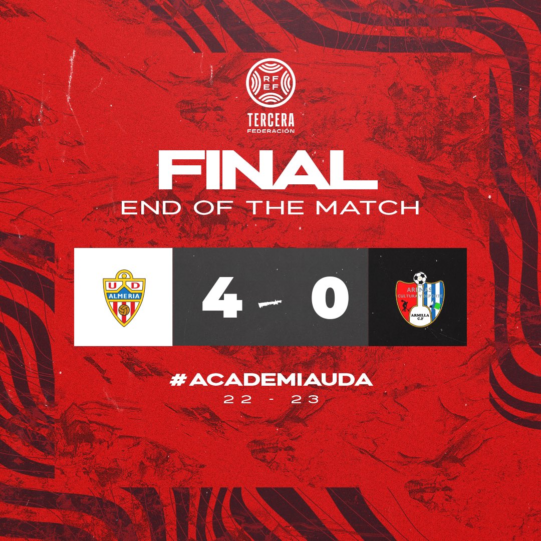 AcademiaUDA's tweet photo. 🔚 ¡Final! #UDAB 4-0 @ArenasOficial 

✍️ Partido espectacular y de superioridad total del equipo para reencontrarse con la victoria.

⚽️ @LAA29king.
⚽️ Longonda.
⚽️⚽️ Marciano.

#AcademiaUDA | #AlmeríaNuncaSeRinde https://t.co/ioV6ZvKCnQ