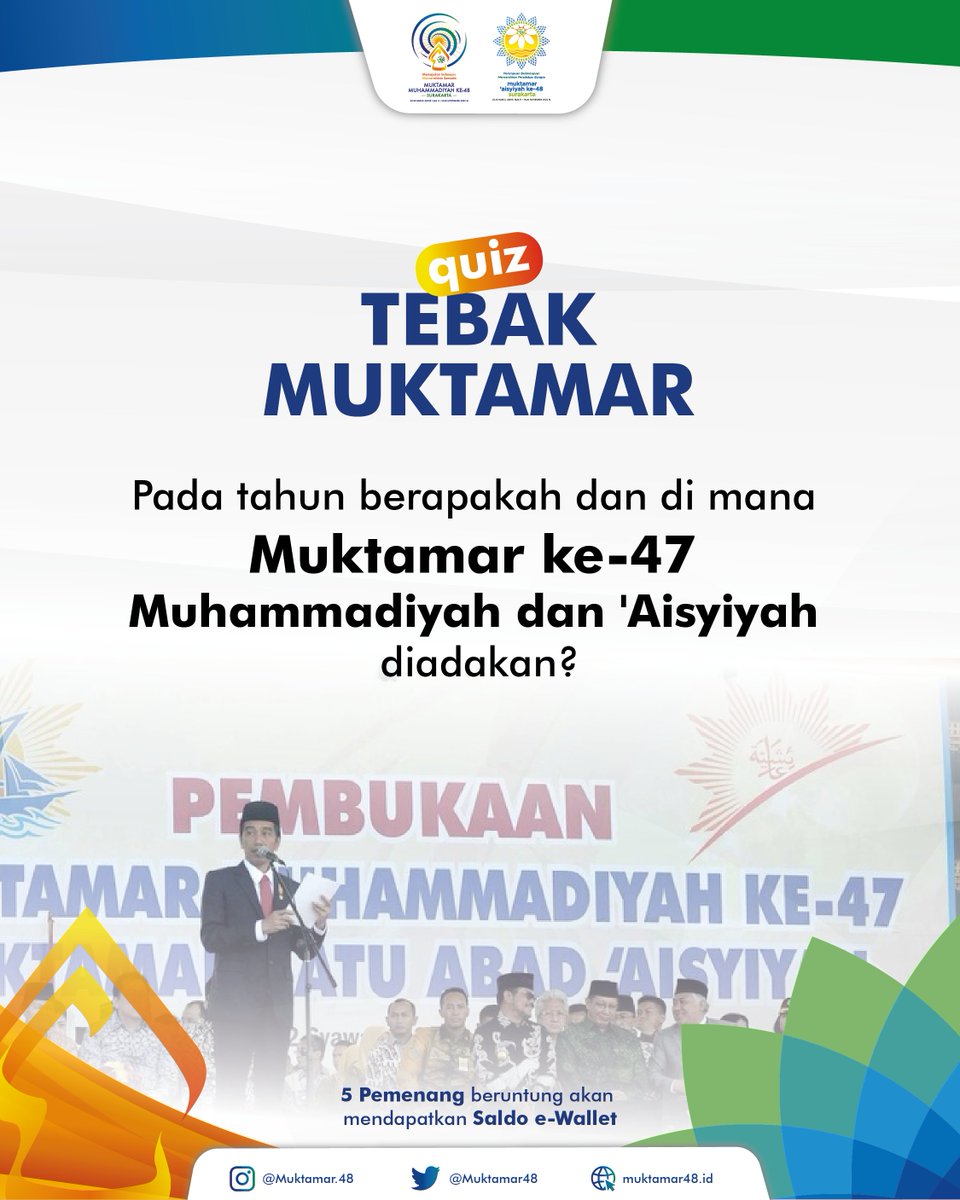 Muktamar_49's tweet photo. QUIZ #9 SPESIAL #MUKTAMAR48 🤩

Yeay, kuis kali ini khusus di Twitter🤩 yuk ikutan✨

Hayo, tahun berapa dan dimana nih Muktamar ke-47 Muhammadiyah dan 'Aisyiyah diadakan?

5 penjawab yang benar, akan dapat hadiah spesial sesuai gambar😉

Pastikan kamu sudah follow @Muktamar48 ya https://t.co/Px7QAhcJD1