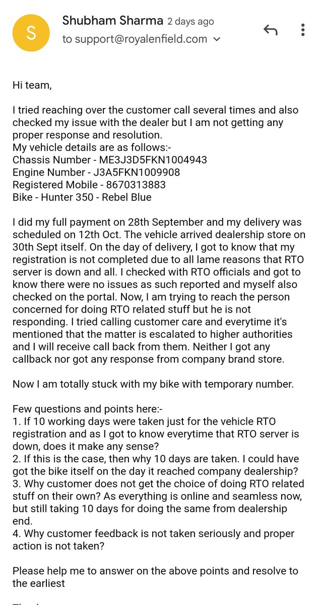 Shubiya's tweet photo. It's now 18th day since I made the payment for my new bike RE hunter 350 and waiting for the RTO registration. I tried all ways contacting care and the store through call/mails but not getting any resolution. My case ID CAS-40457046-F9F1W8
@royalenfield @sidlal @EicherMotorsLtd https://t.co/lsZSva0P4E