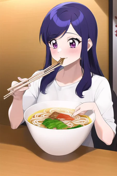 #NovelAI AIに描かせたデパプリ!和実ゆい芙和ここね華満らんまるっきり別人で面白かったです。食事を描くのは難しいようだ。ラーメンは、最初手づかみで食べた絵が出て笑えました。 