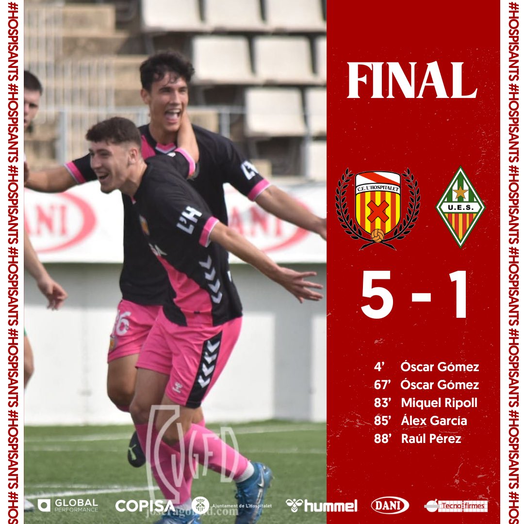 ⏳️ | Final a l'Estadi 

<a href="/CELHospitalet/">CE L'Hospitalet</a> 5-1 <a href="/uesants/">UE Sants</a> 
⚽️⚽️ Óscar Gómez
⚽️ Miquel Ripoll
⚽️ Álex García
⚽️ Raúl Pérez

#HospiSants #3aRFEF #SomhiHospi #PosatlaFranja♦️