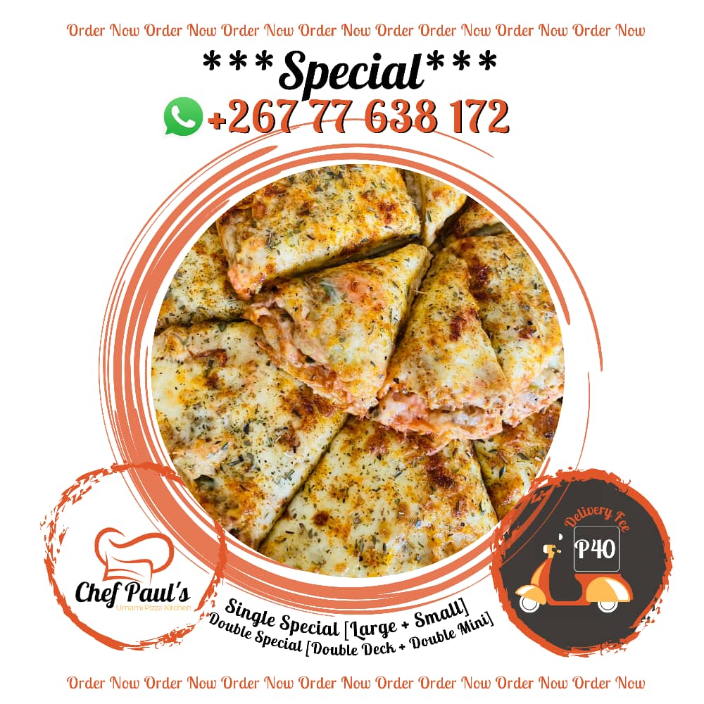 It's our monthly end special yes❤️😍😋buy our large pizza and get the small 1 free yeah for free

Block 9 kgale behind kgale junr along regent school on the red flats