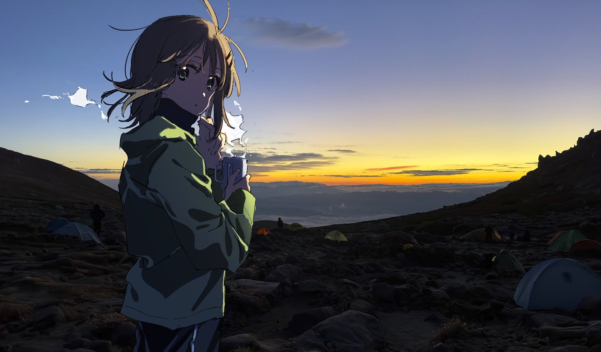 1girl solo outdoors looking at viewer sunrise green eyes jacket  illustration images
