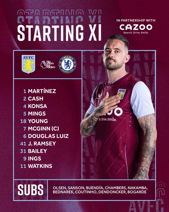 Aston Villa team to face Chelsea: Martínez, Cash, Konsa, Mings, Young, McGinn (captain), Douglas Luiz, J. Ramsey, Bailey, Ings, Watkins. Substitutes: Olsen, Sanson, Buendía, Chambers, Nakamba, Bednarek, Coutinho, Dendoncker, Bogarde.