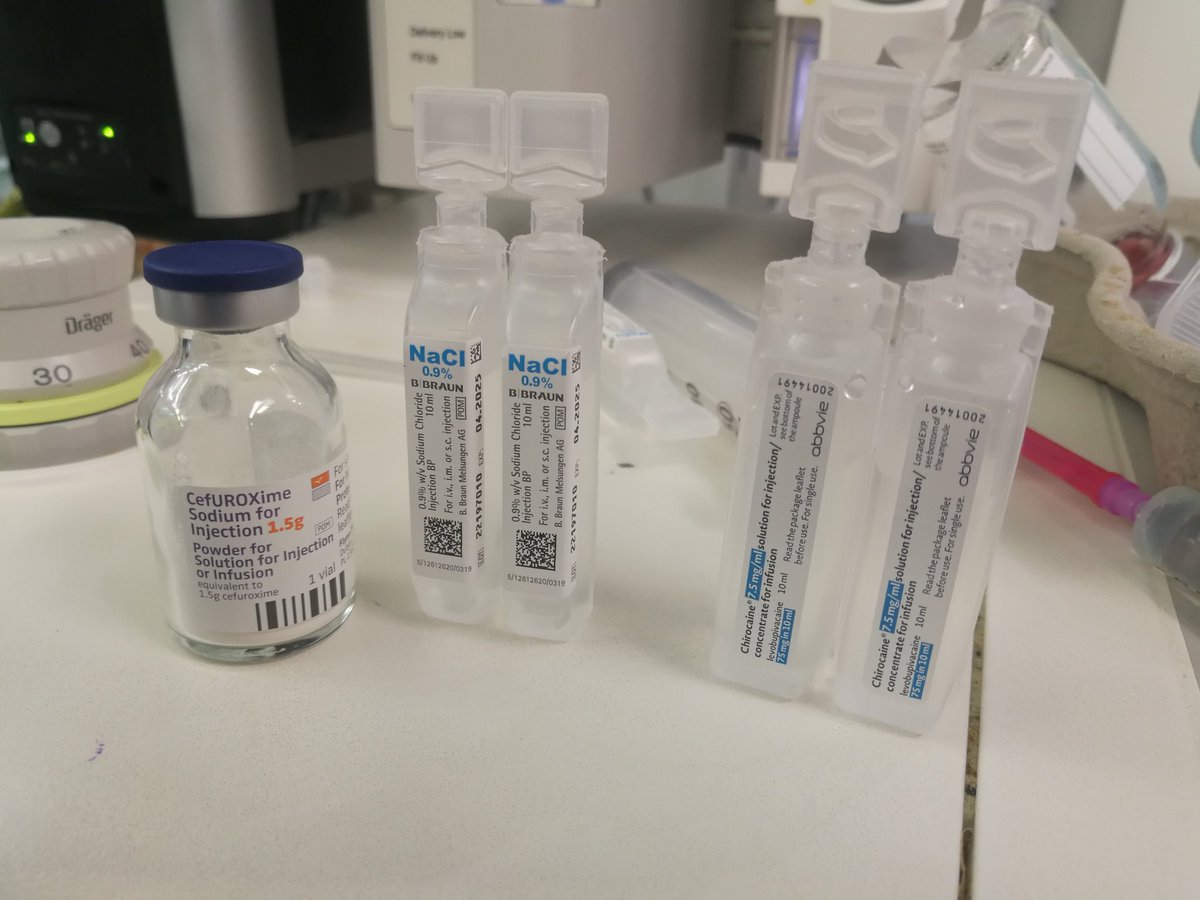 MSChronicPain's tweet photo. Enjoying a Sunday morning ortho list.
Just about to start an ex-fix for an ankle fracture.
Got my saline for the cefuroxome and 0.75% chirocaine for the nerve block.
What could possibly go wrong? 😬 https://t.co/ZOhSlxKzkh