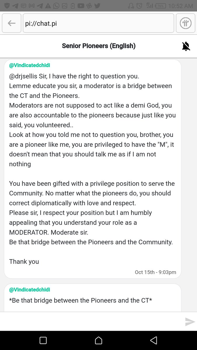 WoodyLightyearx's tweet photo. Pi moderators now also think they are unquestionable.

When asked about moderators' duties and told to be accountable to pioneers because they are there to serve the community, this moderator was very quick to say "you have no right to question me". #PiCivilWar https://t.co/ixj09OnuwS