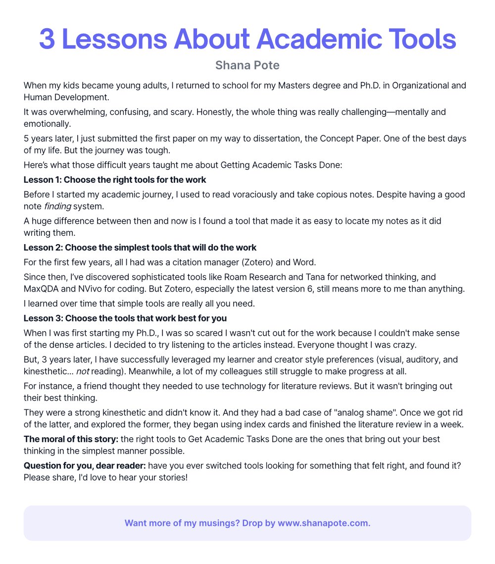 ShanaPote's tweet photo. The right #phdtools to get #academic tasks done are the ones that bring out your best thinking in the simplest manner possible.

Read on to see how I learned this and other lessons through the trials of my Masters and Ph.D. programs.

#ship30for30 https://t.co/gFG4t8S8J3