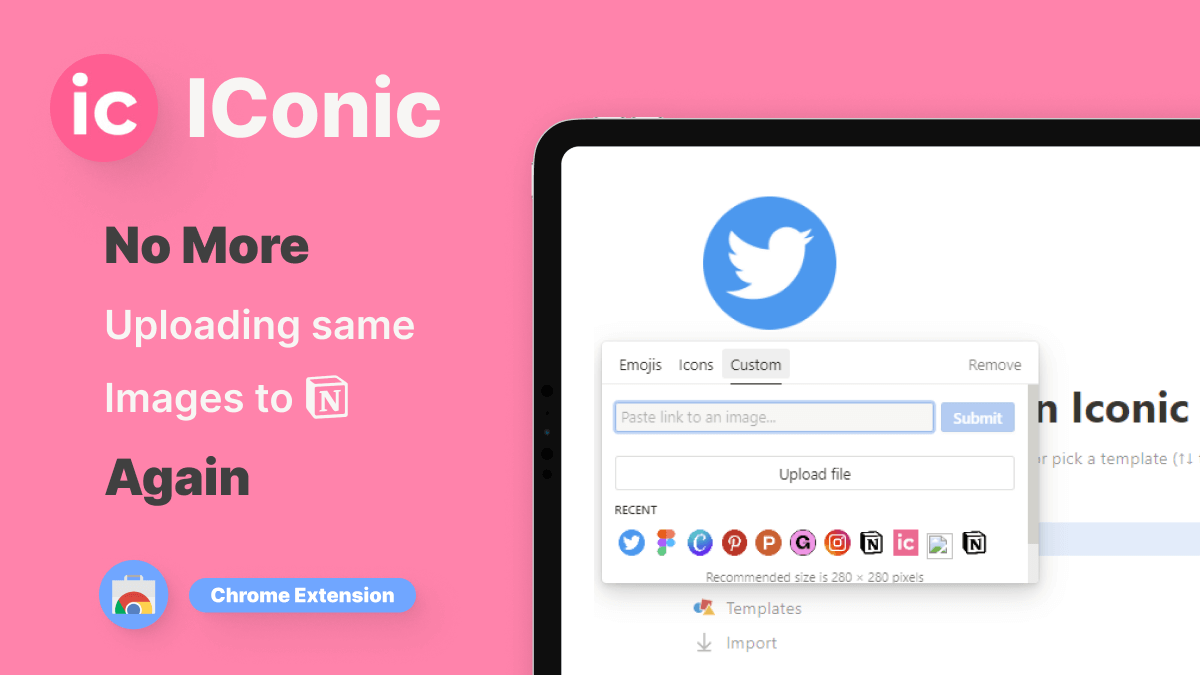 🔥 Just Arrived a Notion feature We've all been waiting for.

No more uploading same custom icons over and over again.

📣 Huge shoutout to <a href="/goddi1999/">willfryd</a> 

🔽 Check out 
chrome.google.com/webstore/detai…