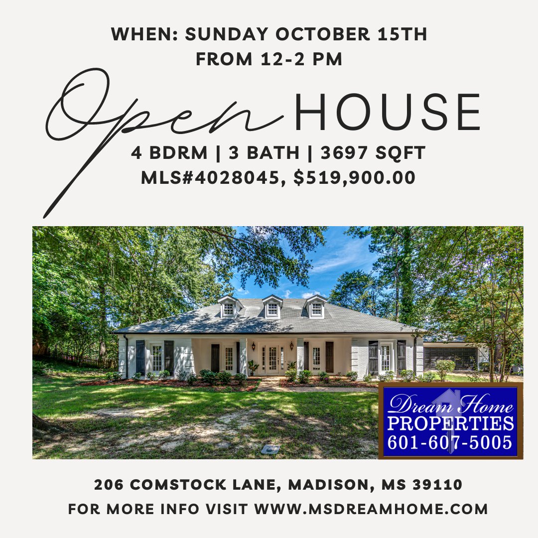 AlisciaHome's tweet photo. Dream Home Properties, 601-607-5005
Public open house TODAY from 2-4! https://t.co/9IbijzduUS
