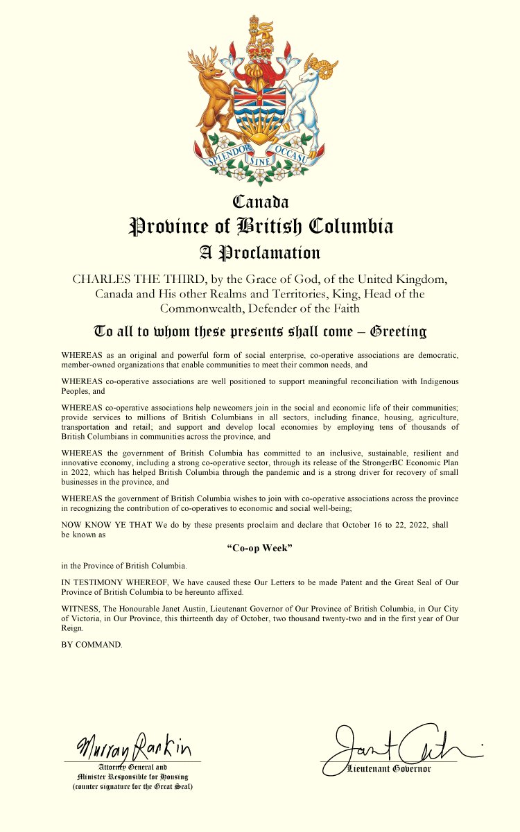 BC_Coop's tweet photo. It's Sunday, Oct. 16 - the start of #CoopWeek2022! Co-ops are democratic, member-owned organizations that provide services to millions of British Columbians & employ tens of thousands. For these reasons and more, the BC Government has declared October 16-22 "Co-op Week" in BC! https://t.co/usYJ1B32Vd