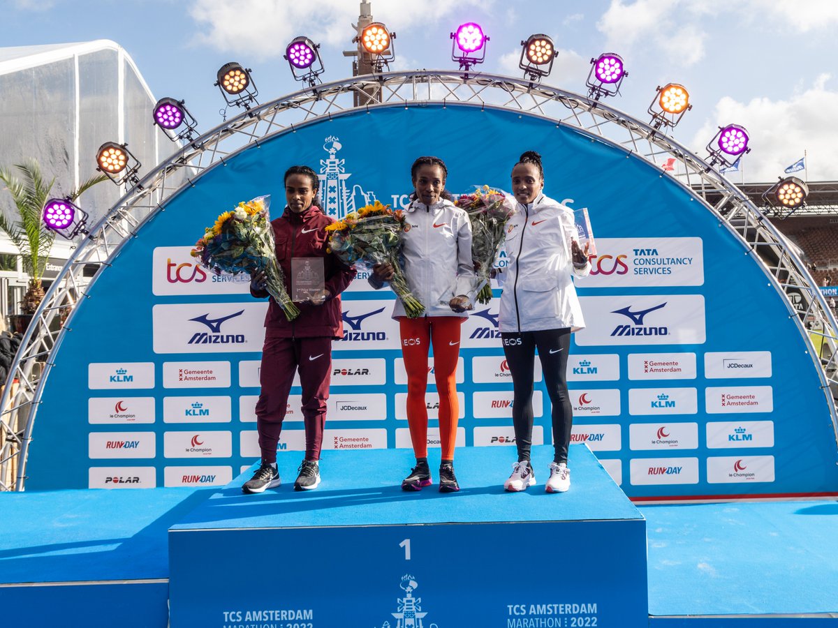 TCS_Europe's tweet photo. A superb day so far, here's how the podiums look.

In the men's race...
🥇 Tsegaye Getachew
🥈 Titus Kipruto
🥉 Bazezew Asmare
And in the women's race...
🥇 Almaz Ayana
🥈 Genzebe Dibaba
🥉 Tsehay Gemechu

Congratulations on an incredible achievement
#BeliefRunsAmsterdam #TCSAM22 https://t.co/HesQXcsGK2