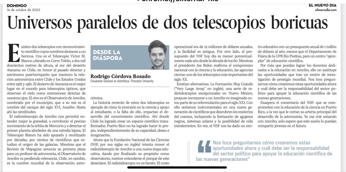 Extraordinaria columna y aportación a la discusión seria de la ciencia en Puerto Rico por <a href="/RodrigoCorRos/">Rodrigo Córdova Rosado</a>, estudiante Doctoral en Astrofísica en <a href="/Princeton/">Princeton University</a>.  👏🏼👏🏼👏🏼👏🏼

<a href="/ElNuevoDia/">El Nuevo Día</a>