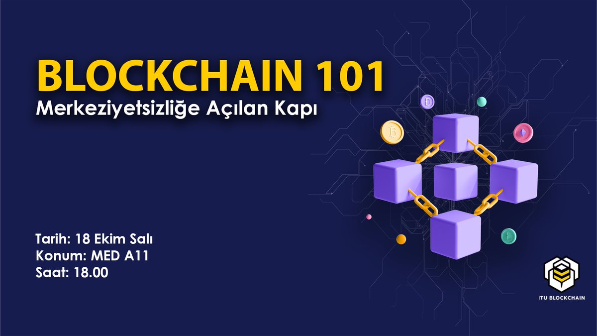 ITUblockchain's tweet photo. Dönemin ilk eğitimiyle merkeziyetsiz bir dünyanın kapılarını aralıyoruz! 

Sizleri bu heyecan dolu yolculuğun ilk durağı olacak Blockchain 101 eğitimimize davet ediyoruz.

Salı günü görüşmek üzere 😊👋 https://t.co/KEe5XdZ93k