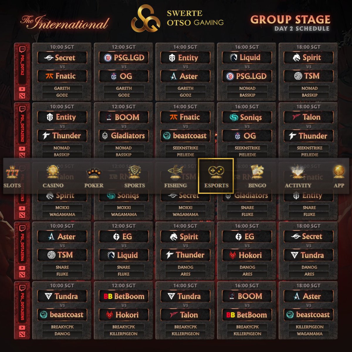 SwerteOtso's tweet photo. TI11 Group Stage kicks off with Day 2. Lets Go Ka Swerte Gamers. Lets support our Idol and lets place our bets. 🥳🥳🥳
Lets Check here: https://t.co/2VX3JzydEO
#swerteotso #swerte8 #kaswerte #eSportsBetting #esports #TI11 #Dota2 https://t.co/h1UhYkA6K8
