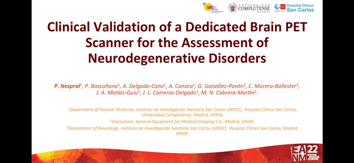 MaraNievesCabr1's tweet photo. We would like you to join us in our today’s TROP #EANM22 presentations: ‘Roll technique in lung nodules’ hall 117 15,40 H by @MfOllarves and  ‘Clinical validation of dedícated brain PET for neurodegenerative disorders’ hall 211 16,45H @pedronespral,  see you there😉 #somosclinico https://t.co/N3UwOHM0ga