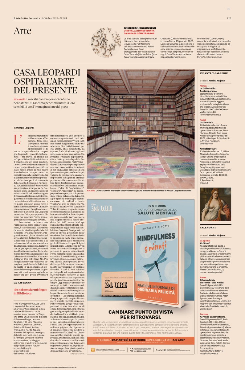 casaleopardi's tweet photo. In edicola col @sole24ore trovate questo articolo di Olimpia Leopardi in cui racconta il suo rapporto con l'arte e come è nata l'idea della mostra "Io nel pensier mi fingo", curata dal Dott. @antonellotolve.Vi aspettiamo fino al 30 gennaio 2023!
#giacomoleopardi #arte #mostra https://t.co/2WVwESjnTJ