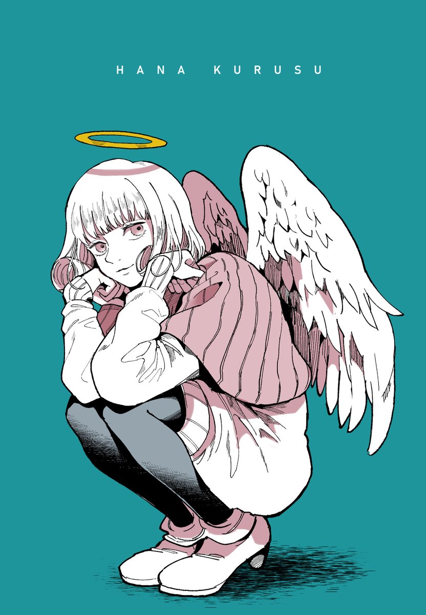 1girl wings solo halo squatting looking at viewer angel wings  illustration images