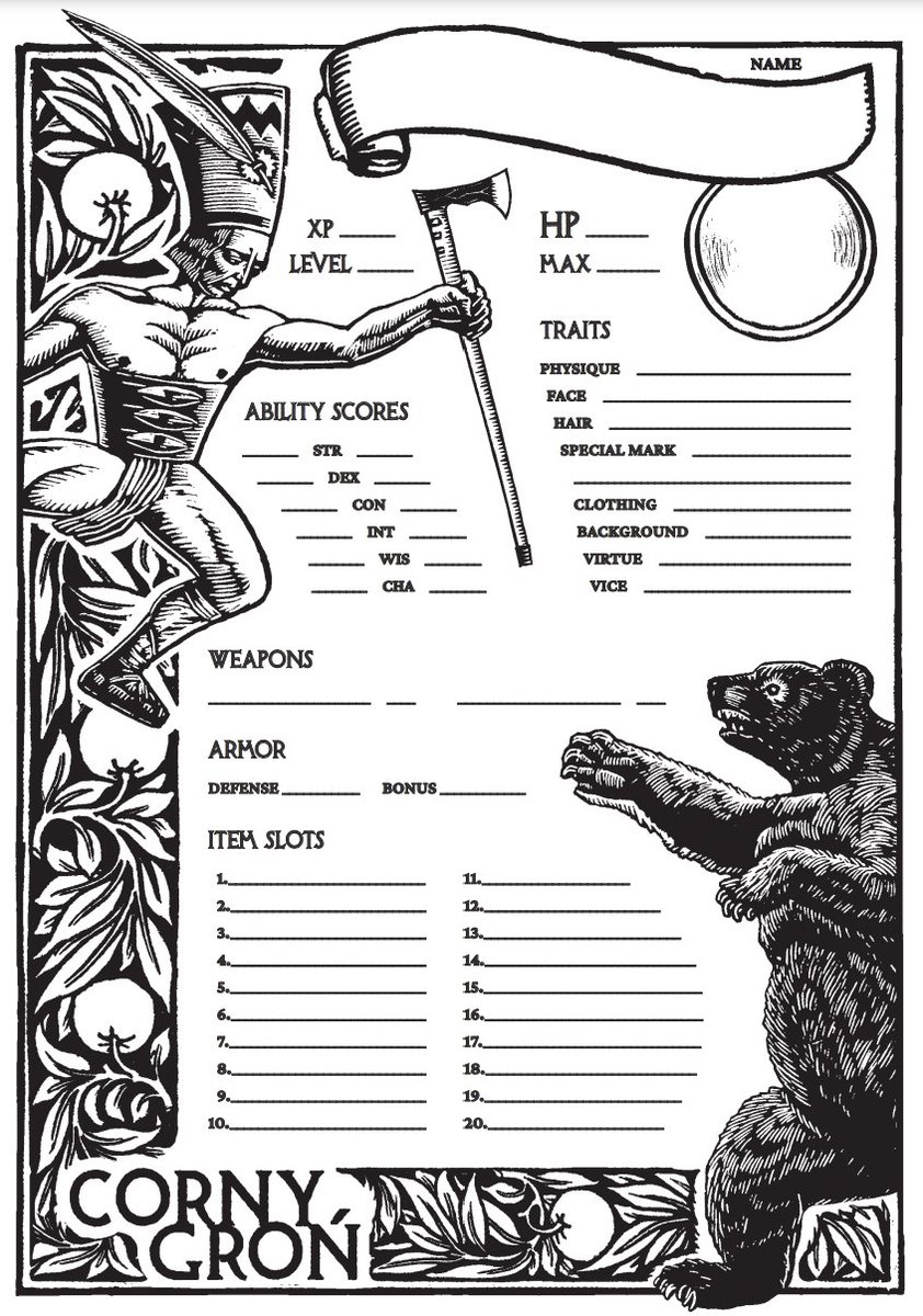 Now, I've received the character sheet's (initial) draft for the Guide from <a href="/4illeen/">Illeen</a> that is soooo good I can't sit calmly now. Brilliant. And it's only a glimpse of how beautiful the whole thing's layout (made by Illeen and <a href="/B_Velocyped/">Blaszany Velocyped</a>) will be 🏔️🪓