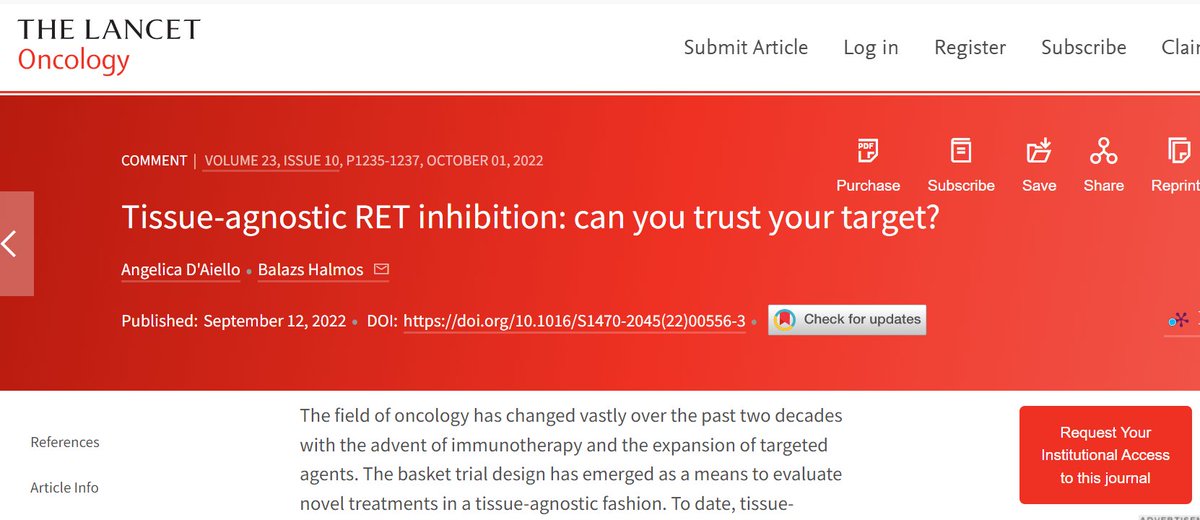 Nice editorial @TheLancetOncol by @DrSteveMartin 👉Tissue-agnostic RET inhibition: can you trust your target? @weoncologists @PGrivasMDPhD @g_mountzios thelancet.com/journals/lanon…