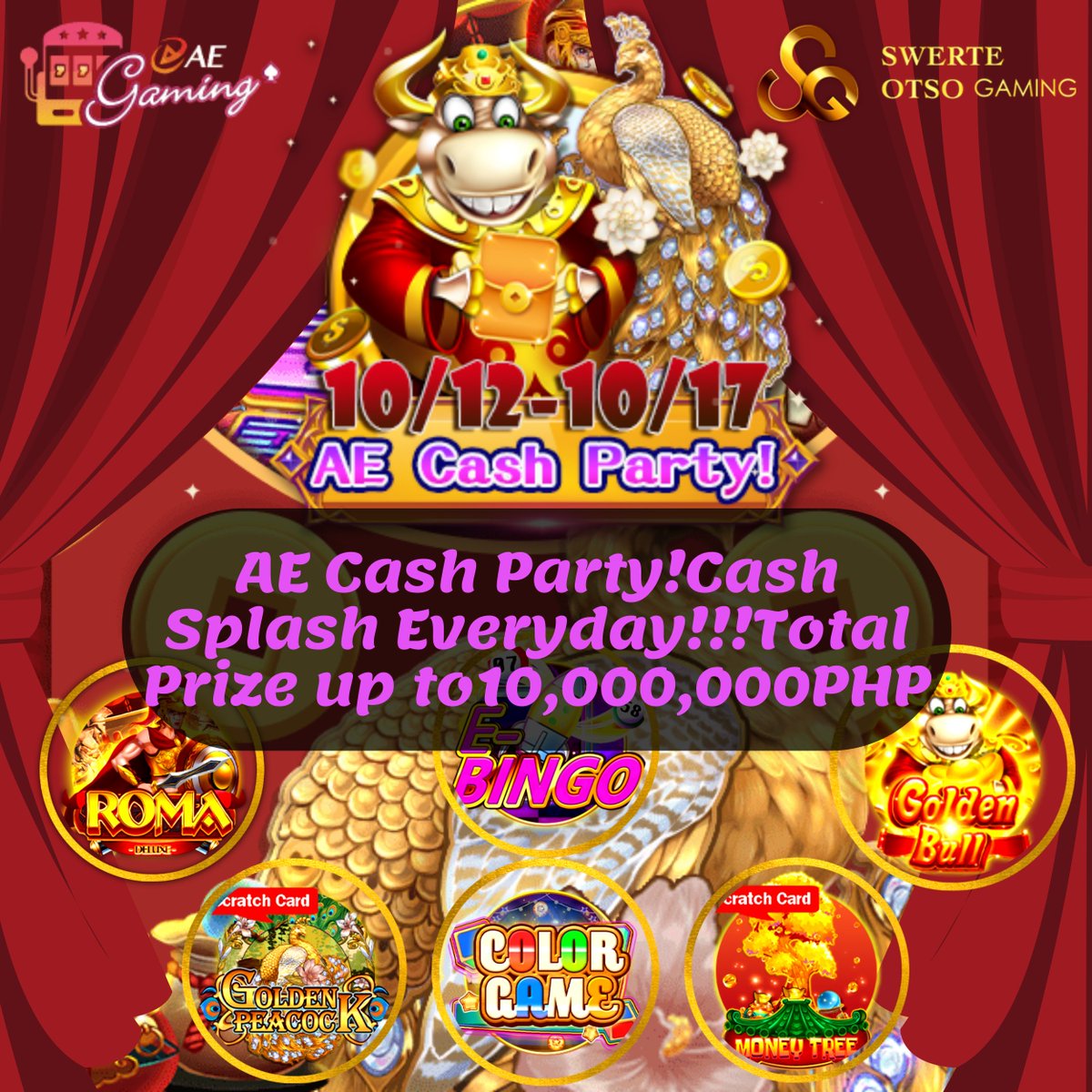 SwerteOtso's tweet photo. Ka Swerte Gamers, Let's participate AE Cash Party and have a chance to win the prize pool of 10,000,000PHP. Laruin lang ang anim na mga larong ito Provided ni AE Slots. 🥳🥳🥳 This gonna be a lot of fun mga Ka Swerte. Sino Kaya ang mababagsakan ng Cash Splash galing Kay AE. 🥳 https://t.co/5QG0fb1Skm
