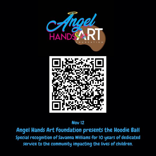 She’s up early in the morning ready to run the broadcast services for church 
She’s got so much going on with school (all A’s and B’s), Competition Dance all week, and continues to serve not only in church but her Angel Hands Art Foundation 
Scan the QR code for #HoodieBall tix