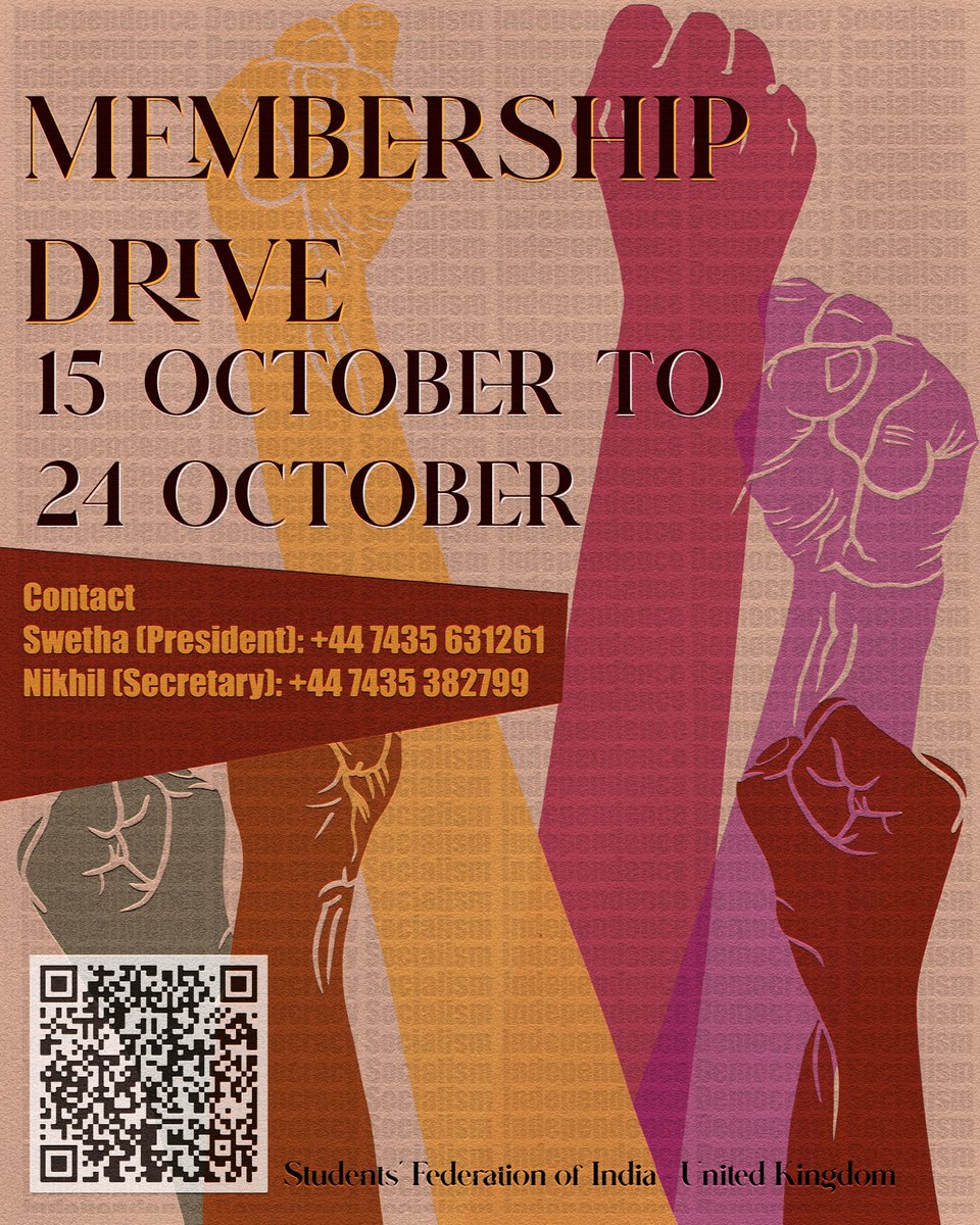 sfi_uk's tweet photo. Join the Students' Federation of India - United Kingdom today!

Membership drive during 15th - 21th October! https://t.co/oiqvcAJ4MV