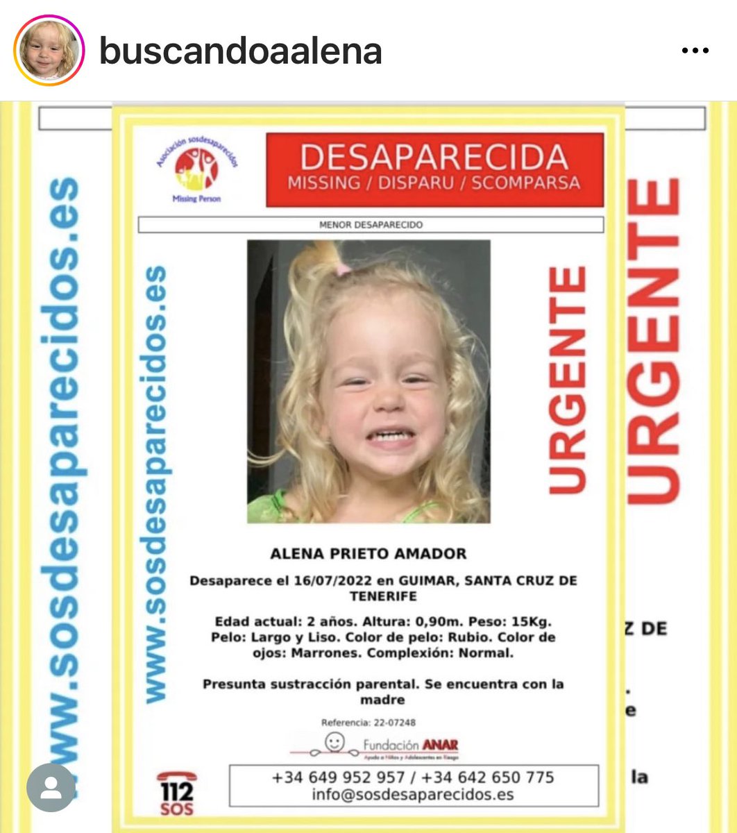 Hoy se cumplen 3 meses del SECUESTRO de Alena por parte de su MADRE, sin que las INSTITUCIONES ESPAÑOLAS HAYAN HECHO NADA

Si lo hubiera hecho el padre, habría abierto TELEDIARIOS, <a href="/IreneMontero/">Irene Montero</a> e @igualdadgob lo habrían condenado y la niña estaría ya con su madre.