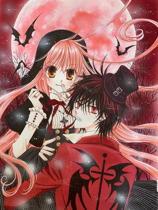 百均でとっても好みなハロウィン額縁みつけたのでREDMOONのイラスト入れてみました。魔女と吸血鬼のお話。「黒猫怪奇クラブ2」に収録されてますハロウィンの季節にぜひ読んでみてください  