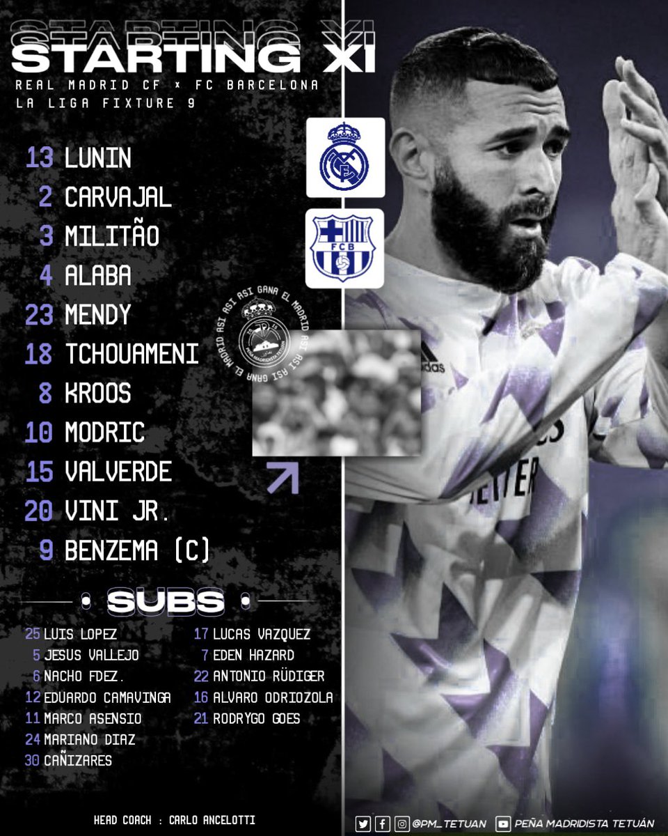 PM_Tetuan's tweet photo. 🔥🔥🔥عاجل 🔥🔥🔥

🔴🔴🔴تشكيلة المباراة تشهد عودة ميندي🔴🔴🔴

🚨 ¡ONCE DEL REAL MADRID! 

Lunin; 

Carvajal, Militão, Alaba, Mendy; 

Tchouaméni, Kroos, Modrić; 

Valverde, Benzema y Vini Jr. 

#HalaMadrid #ElClásico

#بينيا_مدريديستا_تطوان
#PMT22
#AdminPMT https://t.co/fibTrmws0X