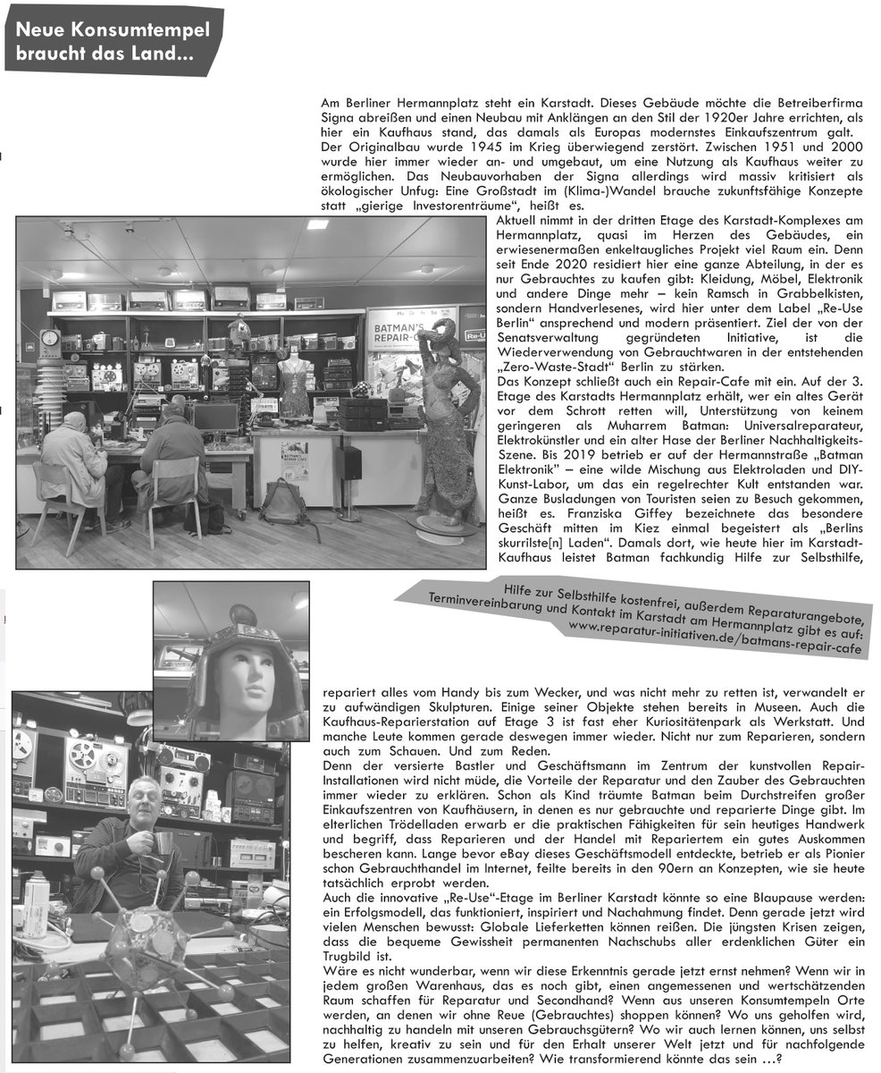 Wie wäre es, wenn in großen Warenhäusern nicht nur konsumiert würde, sondern ganz selbstverständlich auch eine Reparaturabteilung existiert? Am Karstadt Hermannplatz in #berlin repaiert Muharrem Batman bereits – wer kennt ihnr? #repini #repairday