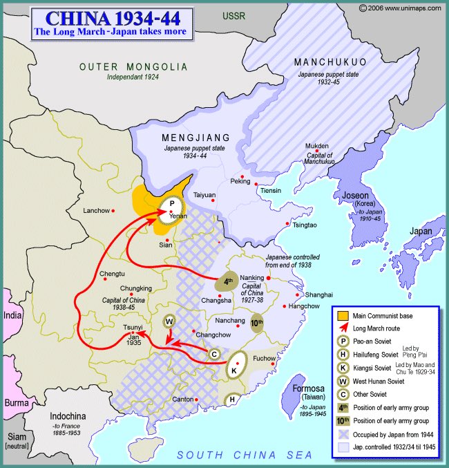 #OnThisDay 1934, the embattled Chinese Communists break through Nationalist enemy lines and begin an epic flight from their encircled headquarters in southwest China. Known as the “Long March”, the retreat lasted 368 days and covered 6,000 miles.