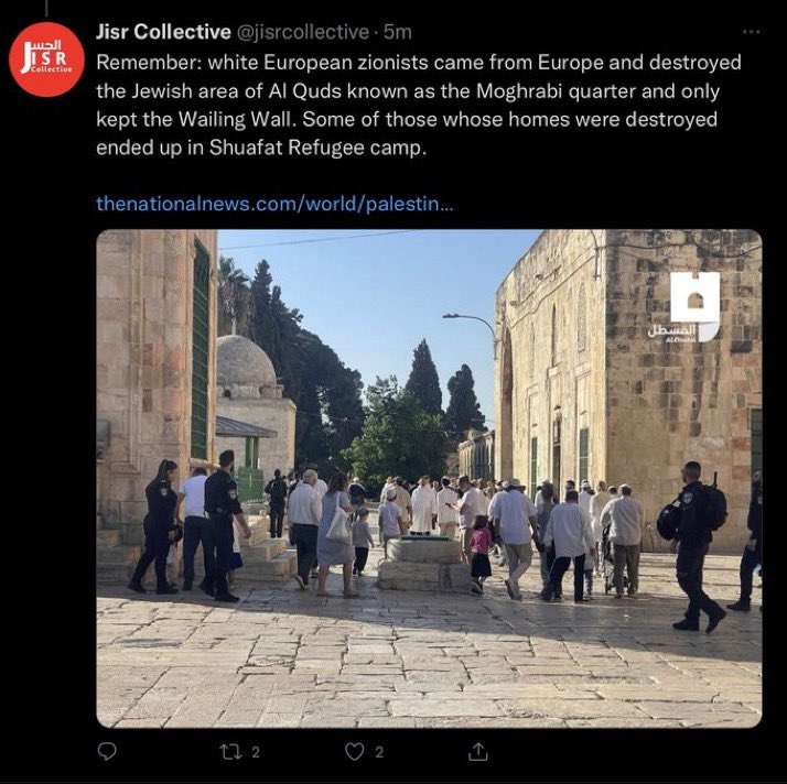 antiantizionist's tweet image. The Jewish quarter was destroyed by Arab mobs &amp;amp;  the Jordanian army, who destroyed Hurva Synagogue &amp;amp; banned Jews from entering the site. The Maghrebi quarter was built to house Saladin’s colonizer army, ancestors to many so-called “palestinians”.