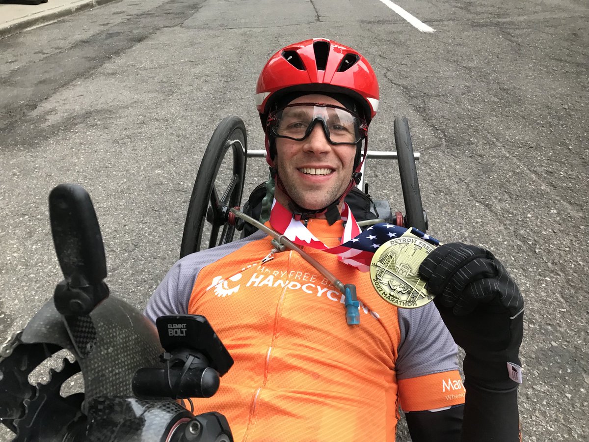 Handcycles FLY in Detroit’s marathon and Matt Tingley of Rochester Hills crosses first.#freepmarathon