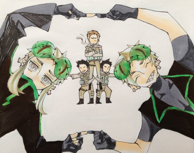 【創作】2014年に描いた部隊。オレたち厨二病〜のやつ。この頃はキリとマキリの髪の色違ったんだな… 