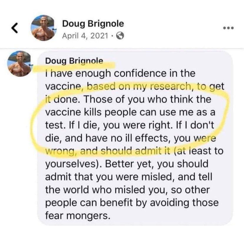 valeangelsback's tweet photo. Doug Brignole, campione di bodybuilding: 
"Chi crede che i vaccini uccidano, mi può usare come test. Se muoio, avevate ragione, altrimenti dovrete ammettere di esservi sbagliati e di essere stati fuorviati." 

È MORTO... 
https://t.co/9WUIdMzy1y https://t.co/vd9QdIpxJo