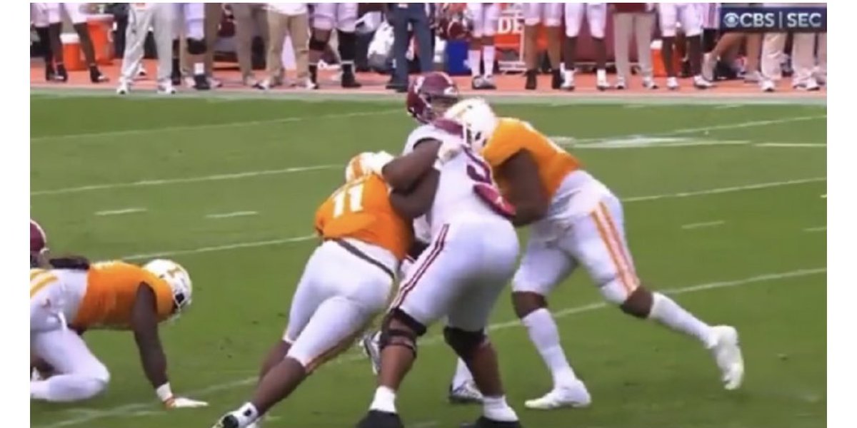 MrsDoering's tweet photo. @CollegeGameDay I refuse to listen to glowing reports on @Vol_Football until someone can explain why these plays were no calls from the refs. 16 @AlabamaFTBL penalties to 6 for TN?#StillSalty #homecooking https://t.co/QVWiLduBsl