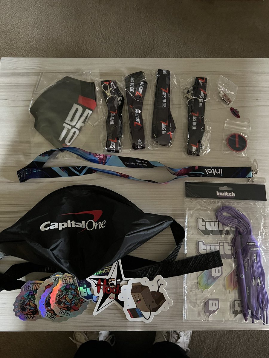 Giveaway stream of some of the shwag I got from TwitchCon.  Next Saturday, 10/22/22.  Here’s some pics of what you can win!  T-shirt is large, some 7D2D items, pins, stickers, and more!  twitch.tv/sylnc218