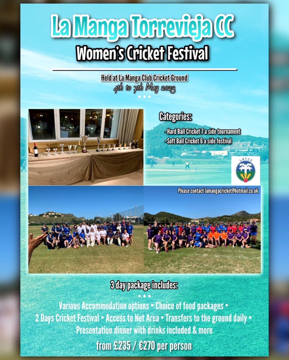 lmtccspain's tweet photo. Women’s Cricket Festival 2023 update!
We have only one team space left in both the hard ball and soft ball categories for May 2023.
With 188 players now registered this will be the biggest women’s cricket event we have been involved in - don’t miss out - DM us today ! https://t.co/lobsGsYPP4