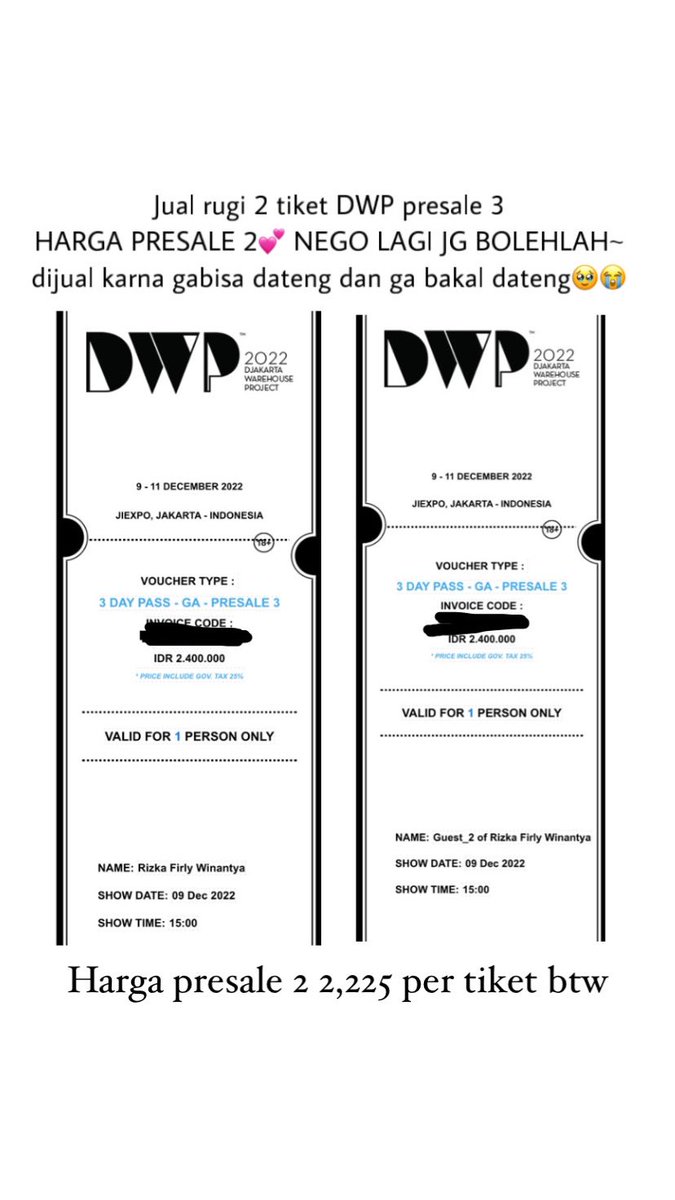 rizkavirli's tweet photo. WTS tiket DWP aka Djakarta Warehouse Project. 2 tiket presale 3 kujual harga presale 2 yak nego lagi juga boleh deh~ soalnya benerbener gabisa dateng🥹 #wtsdwp #wtbdwp https://t.co/JC7TNoBNSW