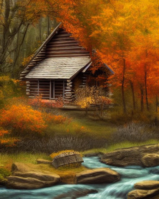 Log cabin in the woods during autumn by a stream, landscape, trending on artstation, deviantart - made with <a href="/get_starryai/">starryai</a> #aiart #digitalart #starryaifeatured create.starryai.com/user/onetwosev…