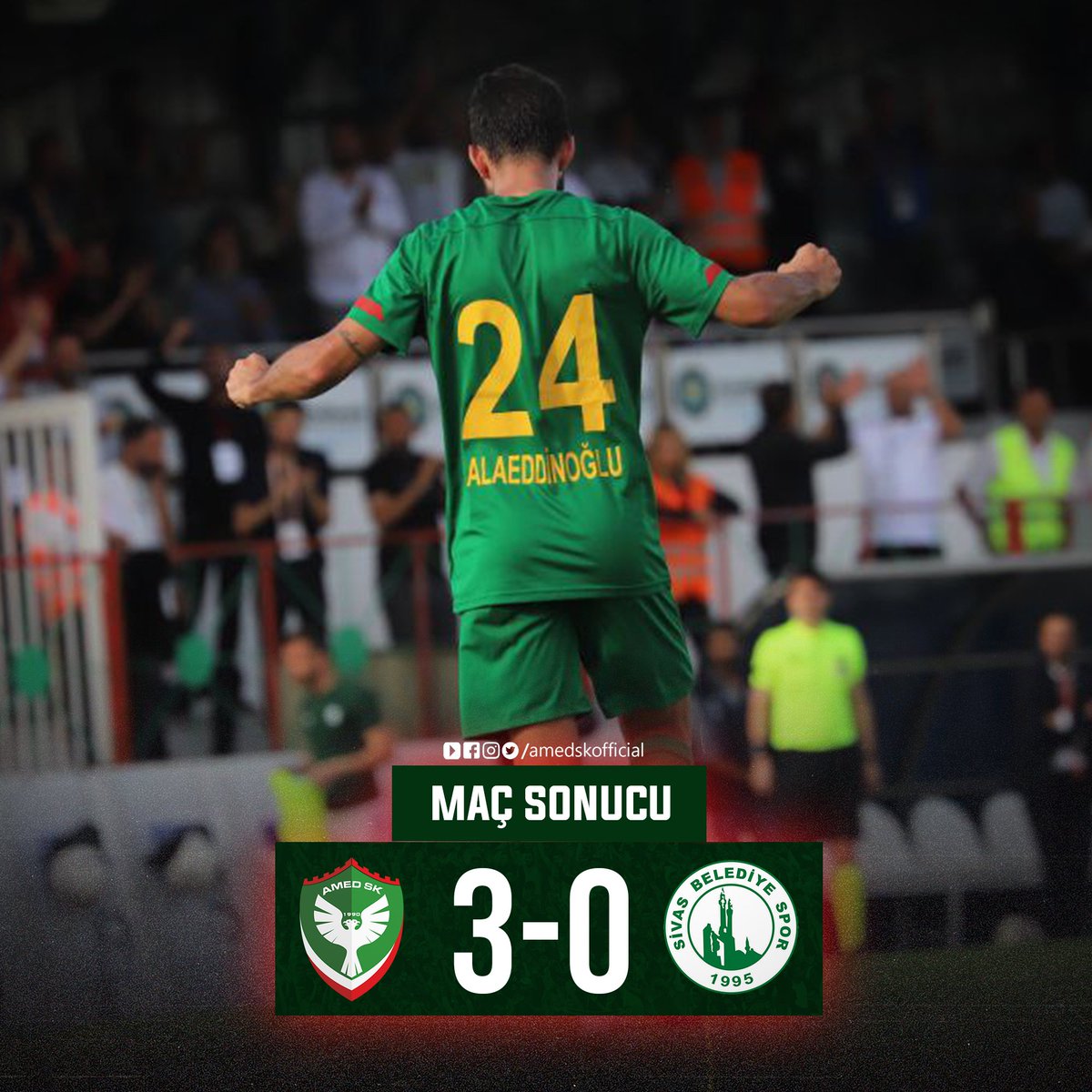 amedskofficial's tweet photo. ⏱ 90' Maç Sonucu

Amedspor 3-0 Sivas Belediyespor

⚽️ 19' Okan Deniz 
⚽️ 27' Mehmet Alaeddinoğlu
⚽️ 64' Mehmet Alaeddinoğlu 

#BirlikteBaşaracağız #Amedspor https://t.co/dWOdR3gdny