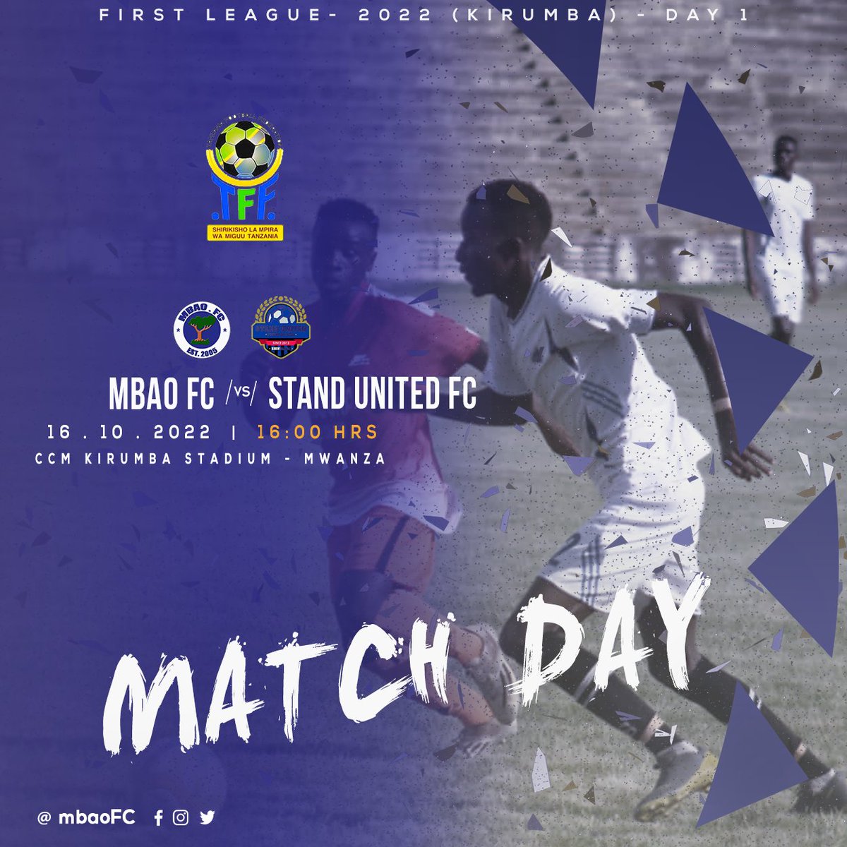 𝗠𝗔𝗧𝗖𝗛 𝗗𝗔𝗬⚡

Mbao FC 🆚 Stand United FC

🏆 | First League 
🏟 | CCM Kirumba (Mwanza)
📆 | 16-10-2022
🕓 | 10:00 (Jioni)
👕 | Nyeupe &amp; Bluu
👩‍💻 | Unaweza kufuatilia matokeo kupitia kurasa rasmi za mitandao ya kijamii ya Mbao FC.

#MFC | #NowOrNever | #WabishiForever💪