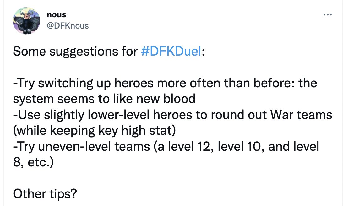 DFKnous's tweet photo. Share your tips for #DFKDuel in the newer (unofficial) #DefiKingdoms Twitter Community:

https://t.co/NL2fbTV5DJ

#DFK #DFKDuels @DefiKingdoms #GameFi #BlockchainGaming #DFKChain https://t.co/iM1Hog5hus