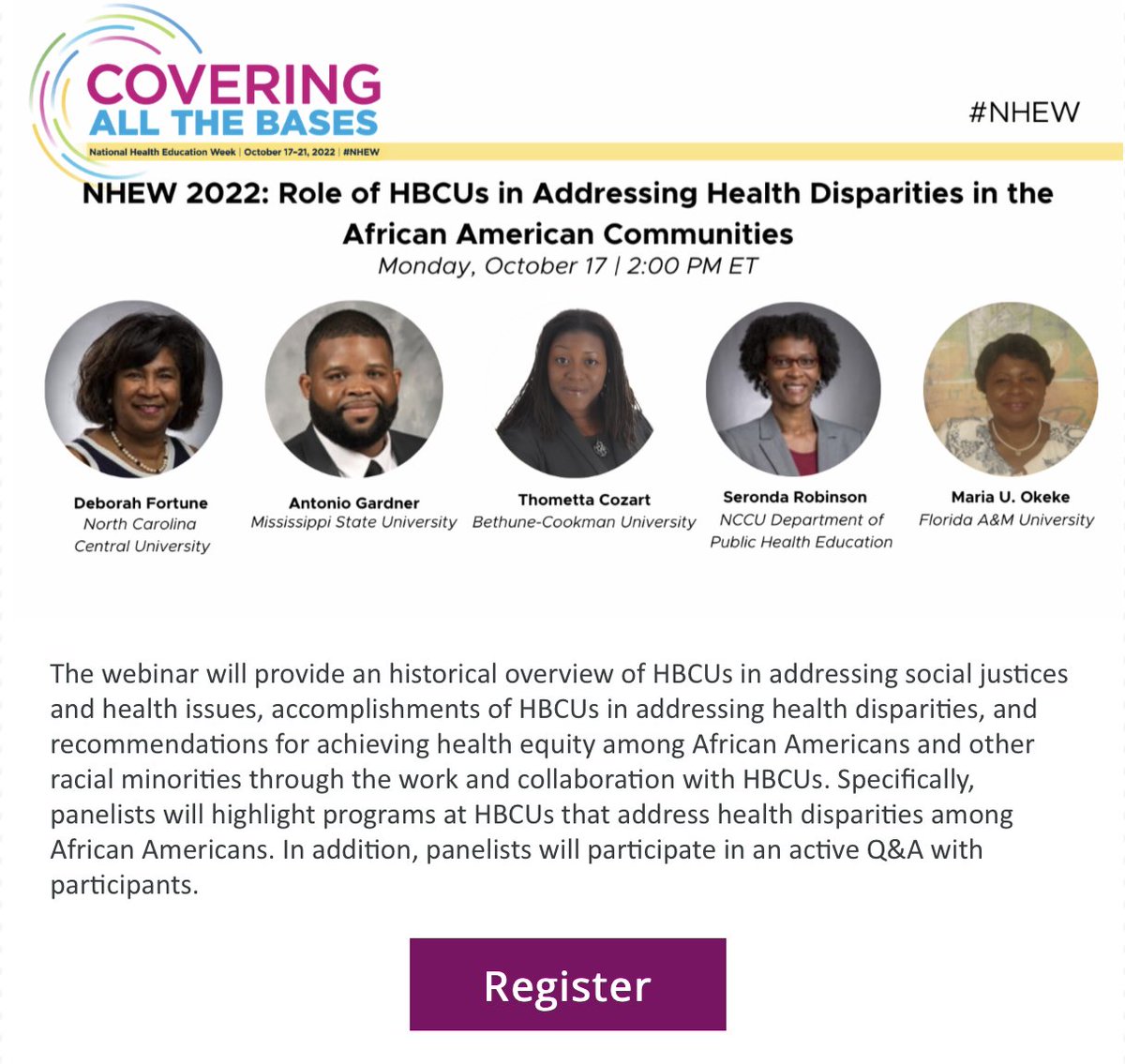 This week is National Health Education Week! All week, we encourage you to register and tune into the webinar of the day. Monday's webinar is at 2pm and focuses on health equity (HBCU focus). Register here: ow.ly/gxTy50L9KAN
#NHEW